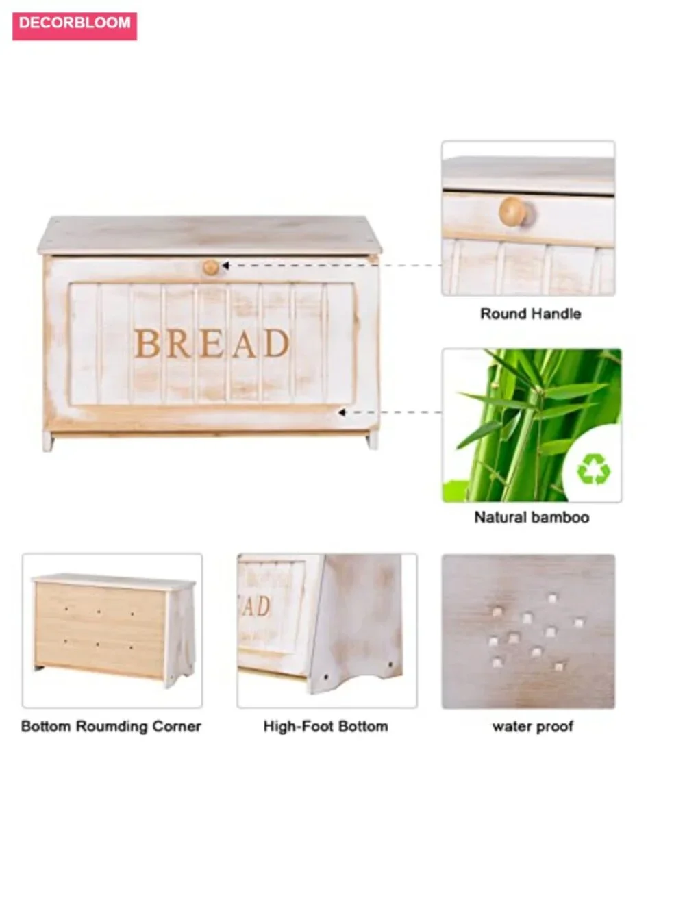 Vintage Wood Bread Box for Kitchen Counter, Food Storage Bin with Bamboo Panels